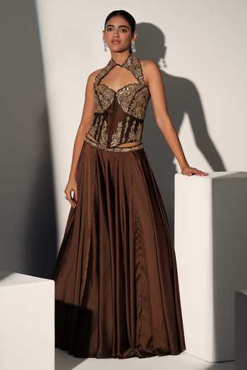 Shop_Libas Cafe by Nidhi & Ashish_Brown Satin Sequins, Zari Halter Neck Hermione Embroidered Corset And Skirt Set _Online_at_Aza_Fashions