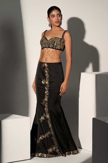 Libas Cafe by Nidhi & Ashish_Black Satin Sweetheart Neck Monica Embroidered Blouse Mermaid Skirt Set _Online_at_Aza_Fashions