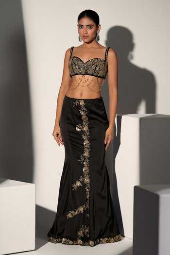 Buy_Libas Cafe by Nidhi & Ashish_Black Satin Sweetheart Neck Monica Embroidered Blouse Mermaid Skirt Set _Online_at_Aza_Fashions