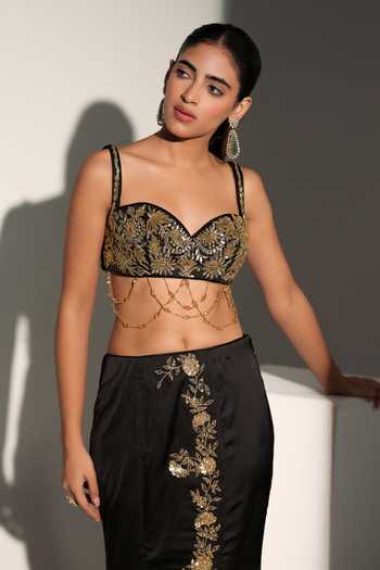 Shop_Libas Cafe by Nidhi & Ashish_Black Satin Sweetheart Neck Monica Embroidered Blouse Mermaid Skirt Set _Online_at_Aza_Fashions