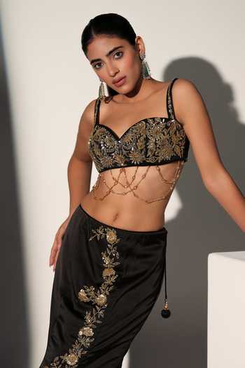 Libas Cafe by Nidhi & Ashish_Black Satin Sweetheart Neck Monica Embroidered Blouse Mermaid Skirt Set _at_Aza_Fashions