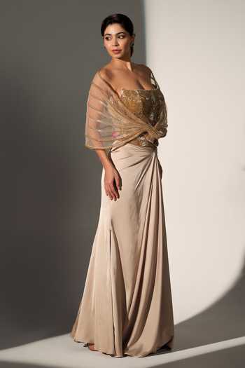 Libas Cafe by Nidhi & Ashish_Gold Satin, Net Sequins Square Neck Elise Power Shoulder Corset Skirt Set _Online_at_Aza_Fashions