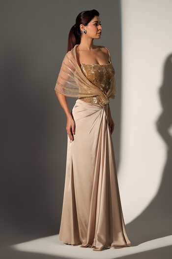 Buy_Libas Cafe by Nidhi & Ashish_Gold Satin, Net Sequins Square Neck Elise Power Shoulder Corset Skirt Set _Online_at_Aza_Fashions