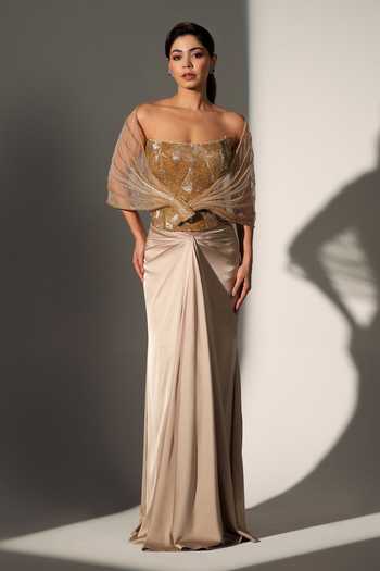 Shop_Libas Cafe by Nidhi & Ashish_Gold Satin, Net Sequins Square Neck Elise Power Shoulder Corset Skirt Set _Online_at_Aza_Fashions