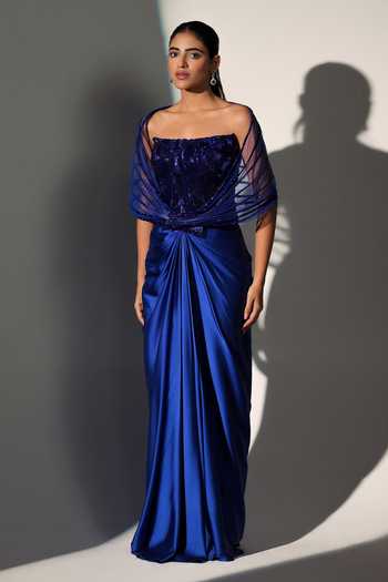 Libas Cafe by Nidhi & Ashish_Blue Satin, Net Sequins Bandeau Neck Jessica Power Shoulder Corset Skirt Set _Online_at_Aza_Fashions