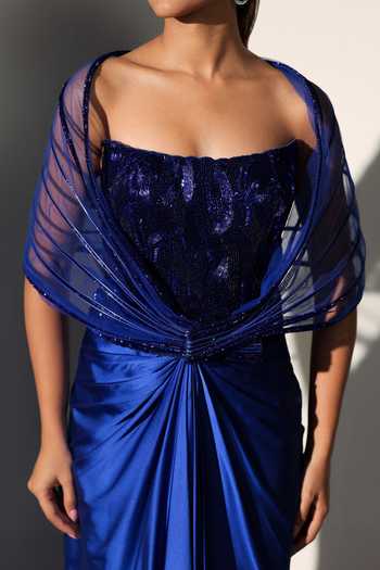 Buy_Libas Cafe by Nidhi & Ashish_Blue Satin, Net Sequins Bandeau Neck Jessica Power Shoulder Corset Skirt Set _Online_at_Aza_Fashions