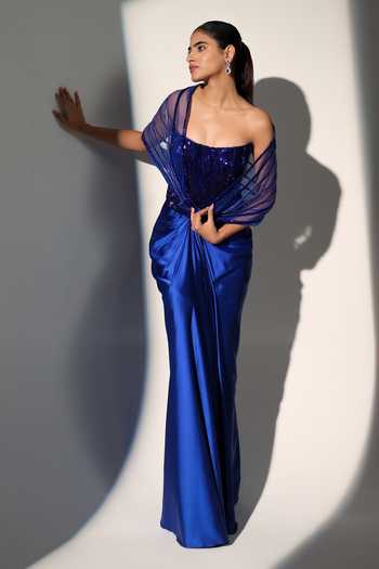 Shop_Libas Cafe by Nidhi & Ashish_Blue Satin, Net Sequins Bandeau Neck Jessica Power Shoulder Corset Skirt Set _Online_at_Aza_Fashions