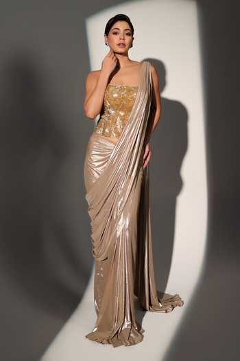Shop_Libas Cafe by Nidhi & Ashish_Gold Net, Jersey Sequins, Beads Sylvie Pre-draped Saree With Embroidered Corset _Online_at_Aza_Fashions