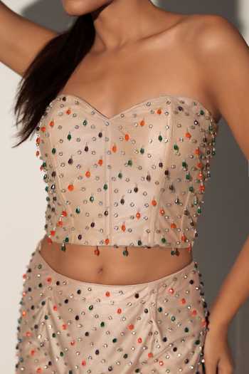 Libas Cafe by Nidhi & Ashish_Gold Net Beads, Crystals, Tassels Donna Embroidered Corset And Skirt Set _Online_at_Aza_Fashions