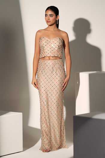 Buy_Libas Cafe by Nidhi & Ashish_Gold Net Beads, Crystals, Tassels Donna Embroidered Corset And Skirt Set _Online_at_Aza_Fashions