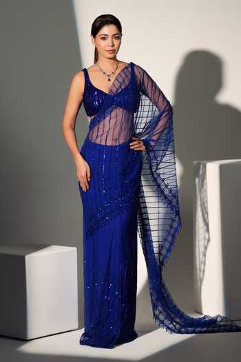 Buy_Libas Cafe by Nidhi & Ashish_Blue Net Sweetheart Neck Naina Embroidered Pre-draped Saree With Blouse _Online_at_Aza_Fashions