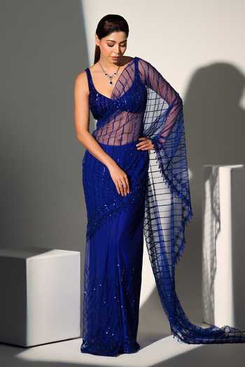 Shop_Libas Cafe by Nidhi & Ashish_Blue Net Sweetheart Neck Naina Embroidered Pre-draped Saree With Blouse _Online_at_Aza_Fashions