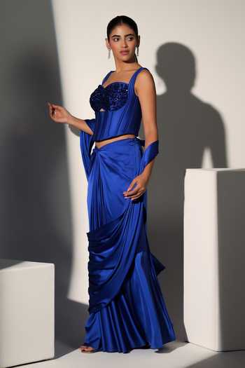 Libas Cafe by Nidhi & Ashish_Blue Satin Embroidery Sweetheart Neck Sansa Pre-draped Saree With Corset _Online_at_Aza_Fashions