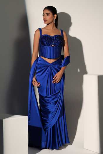 Buy_Libas Cafe by Nidhi & Ashish_Blue Satin Embroidery Sweetheart Neck Sansa Pre-draped Saree With Corset _Online_at_Aza_Fashions