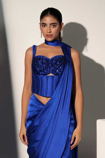 Shop_Libas Cafe by Nidhi & Ashish_Blue Satin Embroidery Sweetheart Neck Sansa Pre-draped Saree With Corset _Online_at_Aza_Fashions