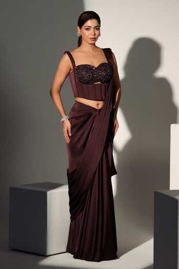 Libas Cafe by Nidhi & Ashish_Brown Satin Embroidery Sweetheart Neck Diana Pre-draped Saree With Corset _Online_at_Aza_Fashions