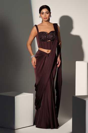 Buy_Libas Cafe by Nidhi & Ashish_Brown Satin Embroidery Sweetheart Neck Diana Pre-draped Saree With Corset _Online_at_Aza_Fashions