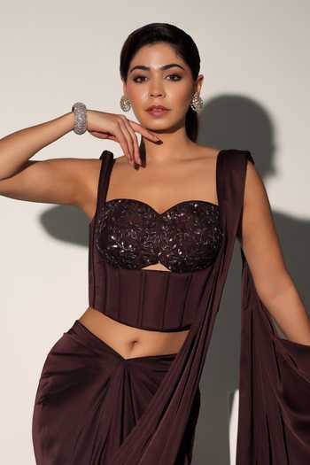 Libas Cafe by Nidhi & Ashish_Brown Satin Embroidery Sweetheart Neck Diana Pre-draped Saree With Corset _at_Aza_Fashions