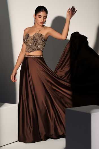 Libas Cafe by Nidhi & Ashish_Brown Satin Beads, Zari, Chains Sweetheart Shashi Embroidered Corset And Skirt Set _Online_at_Aza_Fashions