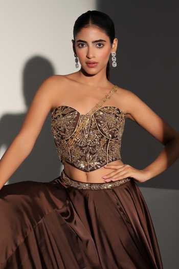 Buy_Libas Cafe by Nidhi & Ashish_Brown Satin Beads, Zari, Chains Sweetheart Shashi Embroidered Corset And Skirt Set _Online_at_Aza_Fashions