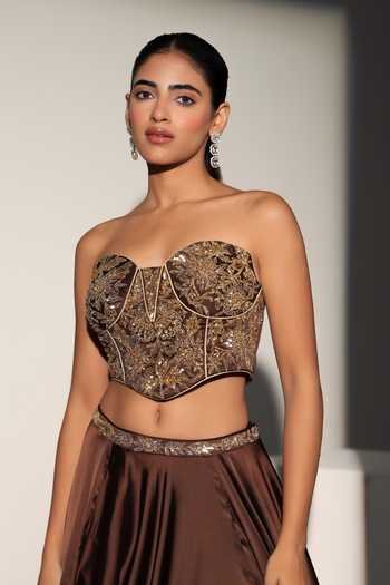 Shop_Libas Cafe by Nidhi & Ashish_Brown Satin Beads, Zari, Chains Sweetheart Shashi Embroidered Corset And Skirt Set _Online_at_Aza_Fashions