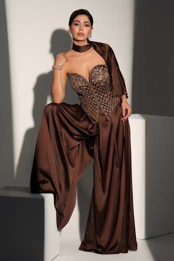 Libas Cafe by Nidhi & Ashish_Brown Satin Embroidery, Sequins, Beads, Pearls Cersei Corset Palazzo Set _Online_at_Aza_Fashions