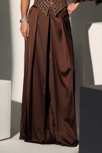 Buy_Libas Cafe by Nidhi & Ashish_Brown Satin Embroidery, Sequins, Beads, Pearls Cersei Corset Palazzo Set _Online_at_Aza_Fashions