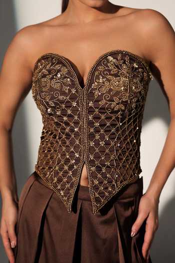 Shop_Libas Cafe by Nidhi & Ashish_Brown Satin Embroidery, Sequins, Beads, Pearls Cersei Corset Palazzo Set _Online_at_Aza_Fashions