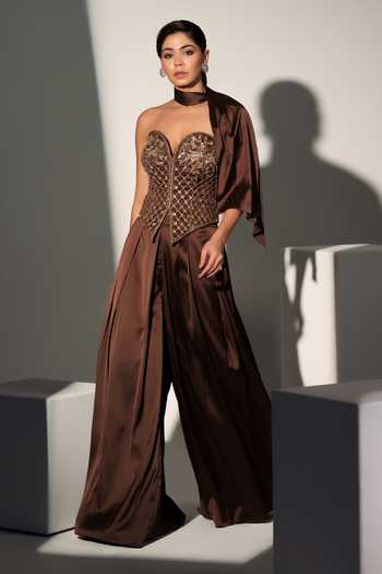 Libas Cafe by Nidhi & Ashish_Brown Satin Embroidery, Sequins, Beads, Pearls Cersei Corset Palazzo Set _at_Aza_Fashions
