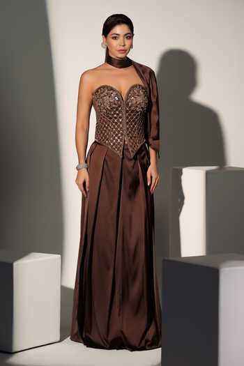 Buy_Libas Cafe by Nidhi & Ashish_Brown Satin Embroidery, Sequins, Beads, Pearls Cersei Corset Palazzo Set 
