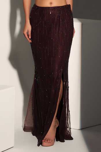 Libas Cafe by Nidhi & Ashish_Brown Net Sequins, Beads, Pearls, Cut Work, Natalie Embroidered Corset Skirt Set _Online_at_Aza_Fashions
