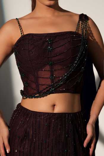 Buy_Libas Cafe by Nidhi & Ashish_Brown Net Sequins, Beads, Pearls, Cut Work, Natalie Embroidered Corset Skirt Set _Online_at_Aza_Fashions