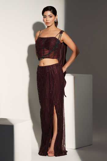 Shop_Libas Cafe by Nidhi & Ashish_Brown Net Sequins, Beads, Pearls, Cut Work, Natalie Embroidered Corset Skirt Set _Online_at_Aza_Fashions