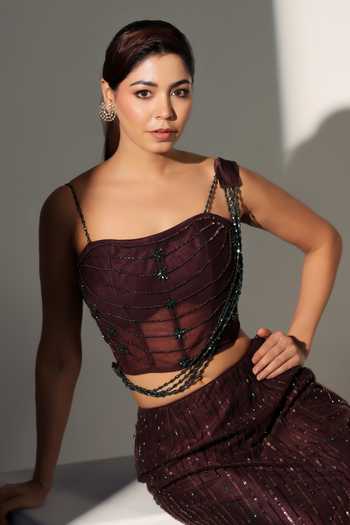 Libas Cafe by Nidhi & Ashish_Brown Net Sequins, Beads, Pearls, Cut Work, Natalie Embroidered Corset Skirt Set _at_Aza_Fashions