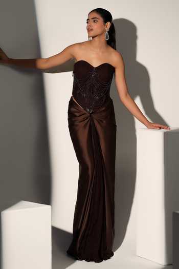 Libas Cafe by Nidhi & Ashish_Brown Satin Beads, Pearls, Holly Chantelle Embroidered Corset And Draped Skirt Set _Online_at_Aza_Fashions