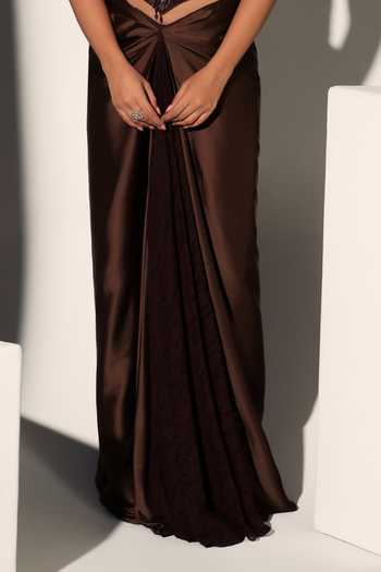 Libas Cafe by Nidhi & Ashish_Brown Satin Beads, Pearls, Holly Chantelle Embroidered Corset And Draped Skirt Set _at_Aza_Fashions