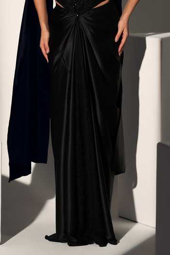 Libas Cafe by Nidhi & Ashish_Black Satin Pearls, Beads, Beatrix Chantelle Embroidered Corset Draped Skirt Set _Online_at_Aza_Fashions
