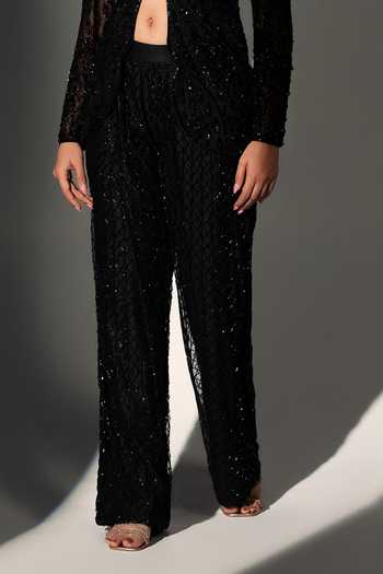 Libas Cafe by Nidhi & Ashish_Black Net V-neck Penelope Embroidered Top And Pant Set _Online_at_Aza_Fashions