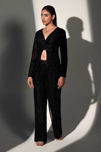 Buy_Libas Cafe by Nidhi & Ashish_Black Net V-neck Penelope Embroidered Top And Pant Set _Online_at_Aza_Fashions