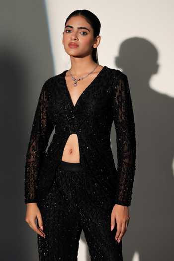 Libas Cafe by Nidhi & Ashish_Black Net V-neck Penelope Embroidered Top And Pant Set _at_Aza_Fashions