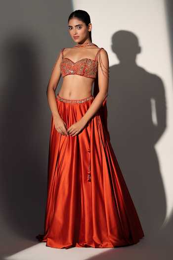 Libas Cafe by Nidhi & Ashish_Rust Satin Sweetheart Neck Scarlett Embroidered Blouse Skirt Set _Online_at_Aza_Fashions