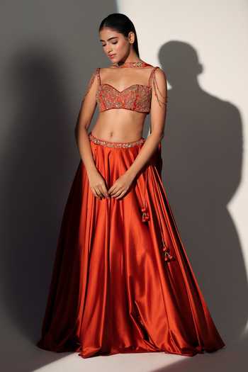 Buy_Libas Cafe by Nidhi & Ashish_Rust Satin Sweetheart Neck Scarlett Embroidered Blouse Skirt Set _Online_at_Aza_Fashions