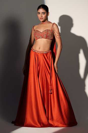 Shop_Libas Cafe by Nidhi & Ashish_Rust Satin Sweetheart Neck Scarlett Embroidered Blouse Skirt Set _Online_at_Aza_Fashions