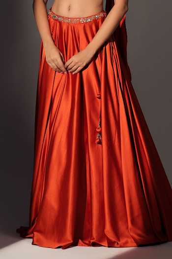 Libas Cafe by Nidhi & Ashish_Rust Satin Sweetheart Neck Scarlett Embroidered Blouse Skirt Set _at_Aza_Fashions