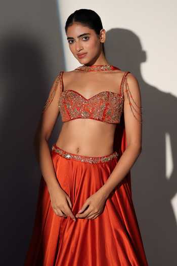 Buy_Libas Cafe by Nidhi & Ashish_Rust Satin Sweetheart Neck Scarlett Embroidered Blouse Skirt Set 