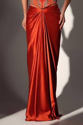 Libas Cafe by Nidhi & Ashish_Rust Satin Sequins, Zari, Stones Wonder Woman Embroidered Corset And Skirt Set _Online_at_Aza_Fashions