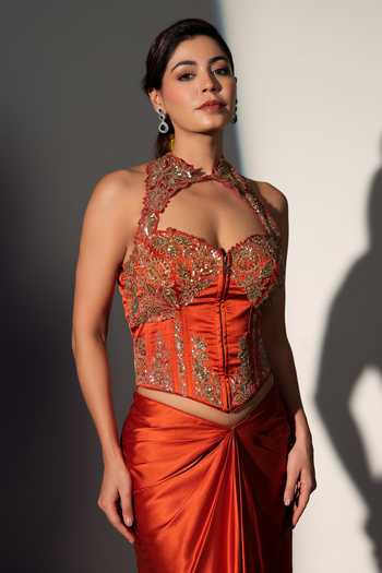 Buy_Libas Cafe by Nidhi & Ashish_Rust Satin Sequins, Zari, Stones Wonder Woman Embroidered Corset And Skirt Set _Online_at_Aza_Fashions