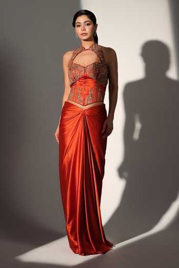Shop_Libas Cafe by Nidhi & Ashish_Rust Satin Sequins, Zari, Stones Wonder Woman Embroidered Corset And Skirt Set _Online_at_Aza_Fashions
