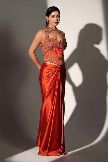 Buy_Libas Cafe by Nidhi & Ashish_Rust Satin Sequins, Zari, Stones Wonder Woman Embroidered Corset And Skirt Set 