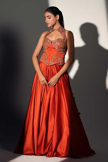 Libas Cafe by Nidhi & Ashish_Rust Satin Zari, Stones Halter Neck Rachel Embroidered Corset And Lehenga Set _Online_at_Aza_Fashions